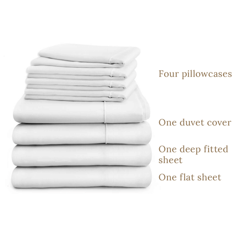 Duvet cover, deep fitted sheet and flat sheet in double and king sizes with four pillowcases, white