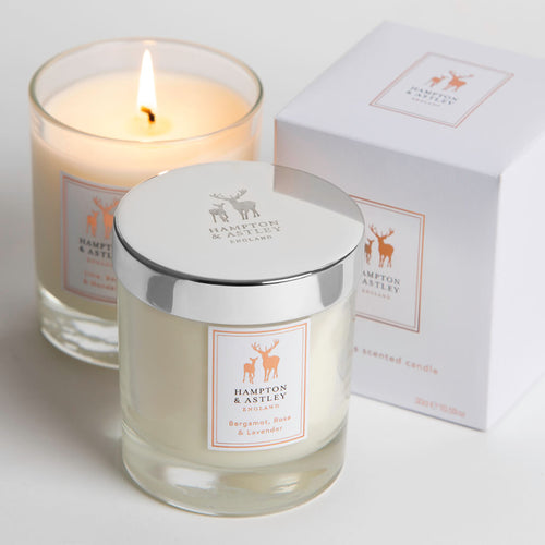 Bergamot, Rose &amp; Lavender Luxury Scented Candle with an included textured white gift box.