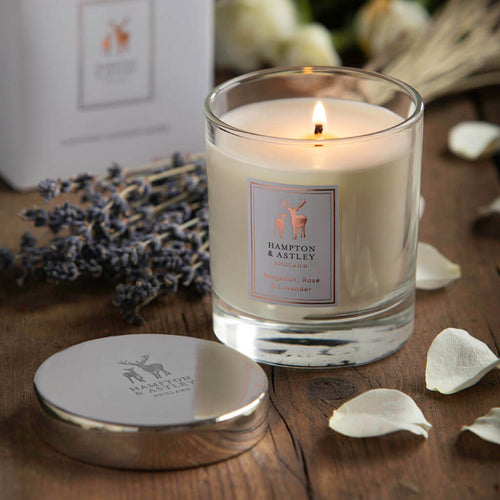 Bergamot, Rose &amp; Lavender Luxury Scented Candle with an included silver plated mirrored lid.