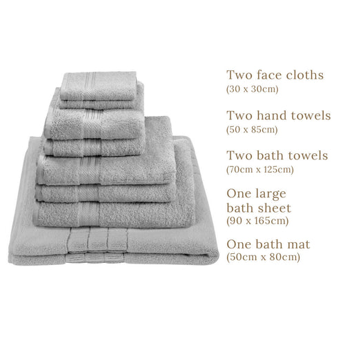 Egyptian Cotton 7 Piece Luxury Bath Towel Set With Free Bath Mat, Subtle Grey