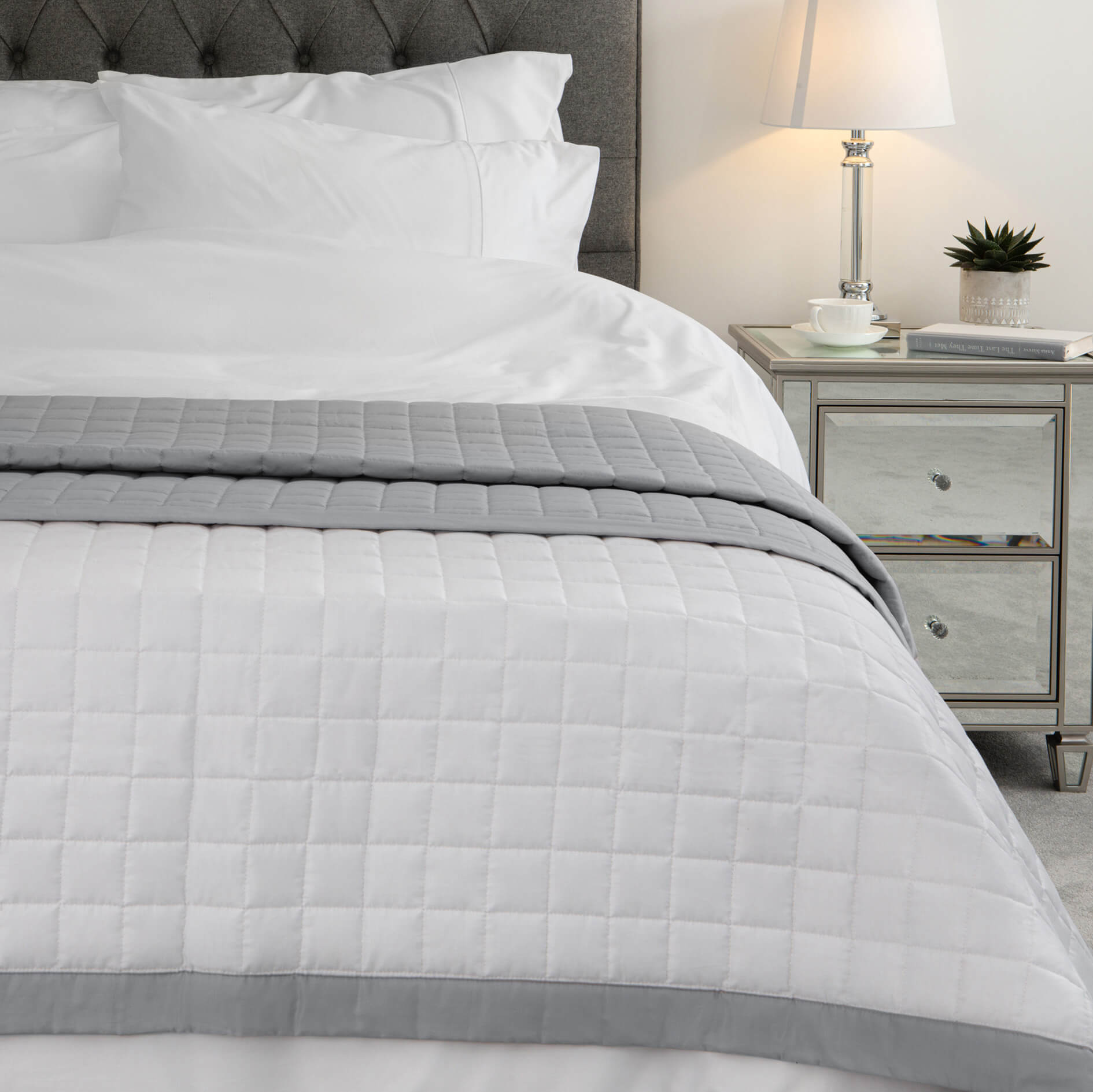 Luxury Reversible Cotton Quilted Bed Throw in Grey & White