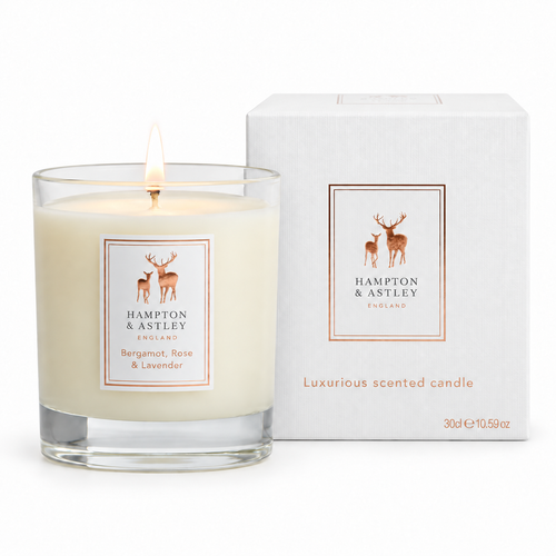 Hampton & Astley Bergamot, Rose & Lavender luxury scented candle with gift box
