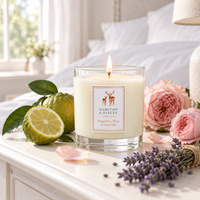 Hampton & Astley Bergamot, Rose & Lavender scented candle styled with fresh bergamot, blush English roses and lavender