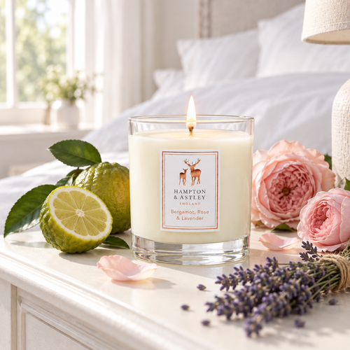 Hampton & Astley Bergamot, Rose & Lavender scented candle styled with fresh bergamot, blush English roses and lavender