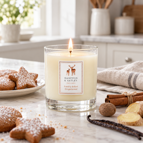 Hampton & Astley Freshly Baked Gingerbread scented candle styled with gingerbread biscuits, cinnamon and ginger