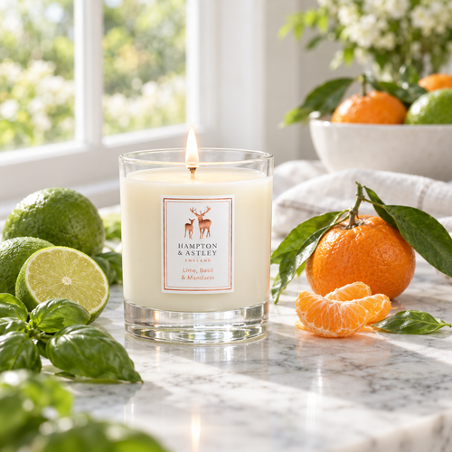 Hampton & Astley Lime, Basil & Mandarin scented candle styled with fresh limes, basil and mandarin