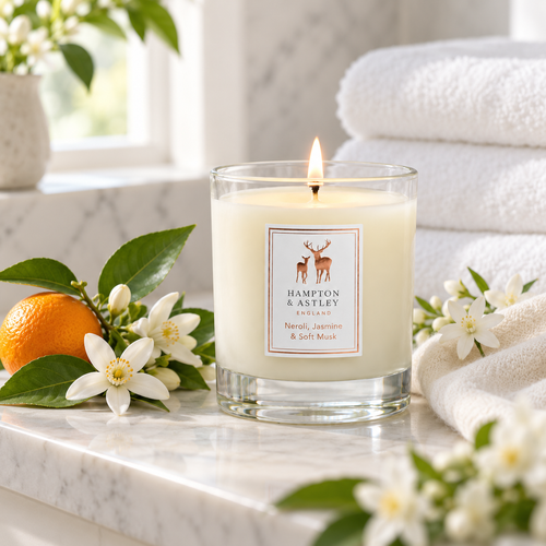 Hampton & Astley Neroli, Jasmine & Soft Musk scented candle styled with neroli blossom, white jasmine and soft musk