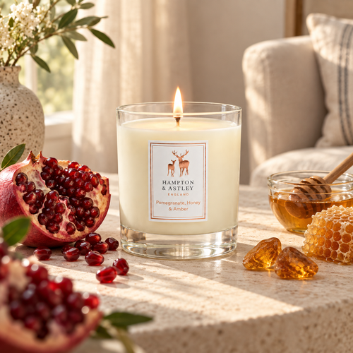 Hampton & Astley Pomegranate, Honey & Amber scented candle styled with pomegranate, golden honey and amber