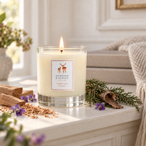 Hampton & Astley Sandalwood & Cedar scented candle styled with sandalwood and cedar wood