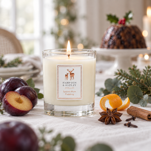 Hampton & Astley Spiced Plum Pudding scented candle styled with spiced plums, star anise and cinnamon