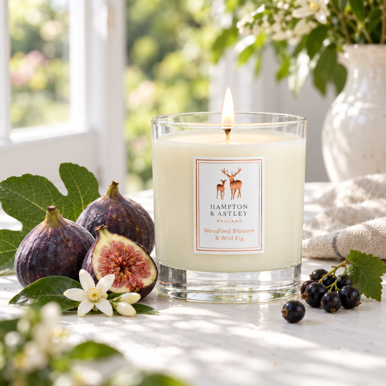 Hampton & Astley Woodland Blossom & Wild Fig scented candle styled with ripe figs, fig leaf and blossom