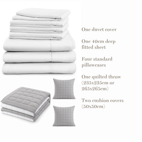 What's in the Hampton & Astley bundle: duvet cover, 40cm deep fitted sheet, four standard pillowcases, grey and white reversible quilted throw and two cushion covers