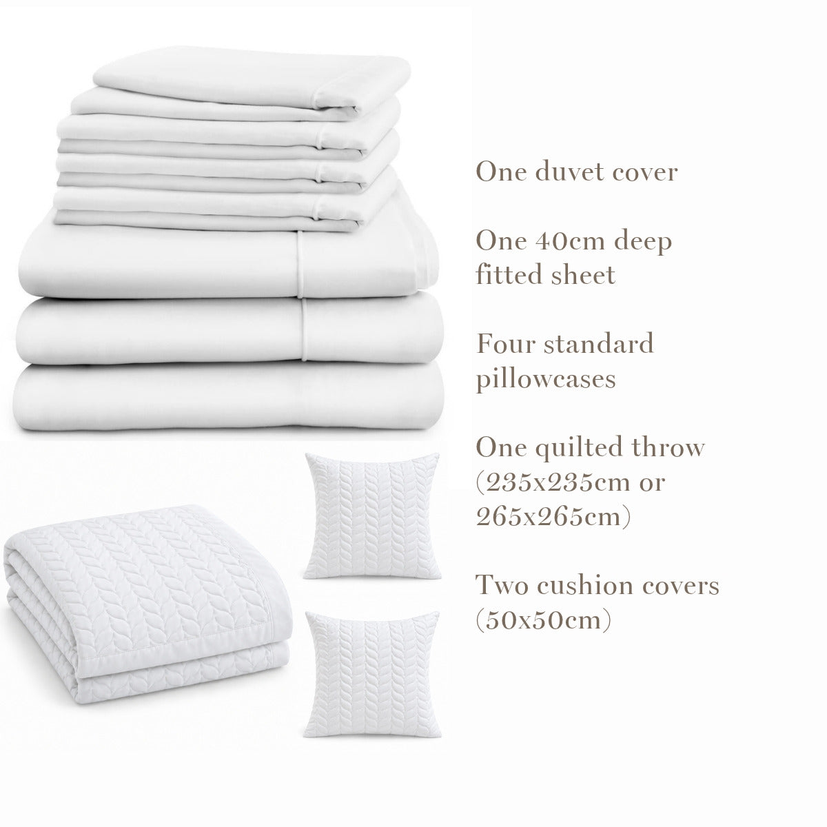 What's in the Hampton & Astley bundle: duvet cover, 40cm deep fitted sheet, four standard pillowcases, white leaf-quilted throw and two cushion covers