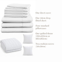 What's in the Hampton & Astley bundle: duvet cover, 40cm deep fitted sheet, four standard pillowcases, white leaf-quilted throw and two cushion covers