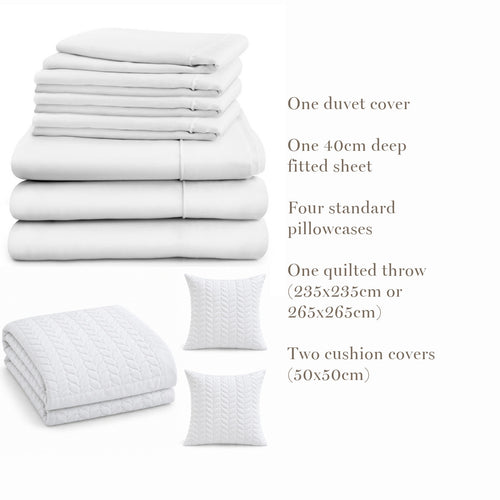 What's in the Hampton & Astley bundle: duvet cover, 40cm deep fitted sheet, four standard pillowcases, white leaf-quilted throw and two cushion covers