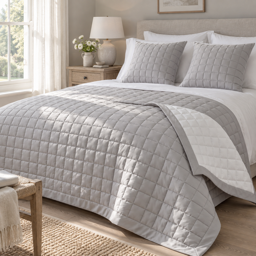 Hampton & Astley grey and white reversible quilted throw styled on a bed