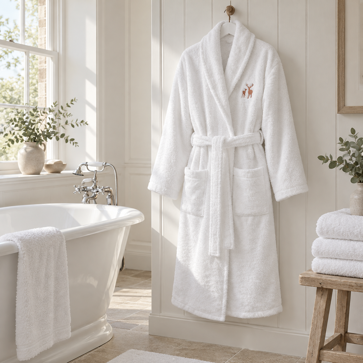 Hampton & Astley white towelling dressing gown hanging in a bathroom