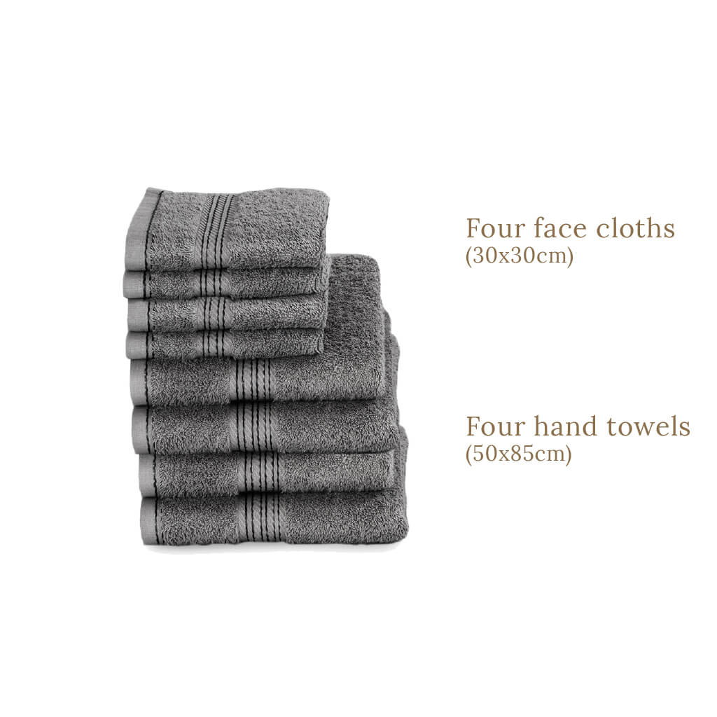 Egyptian Cotton 8 Piece Luxury Hand Towel and Face Towel Set, Charcoal Dark Grey