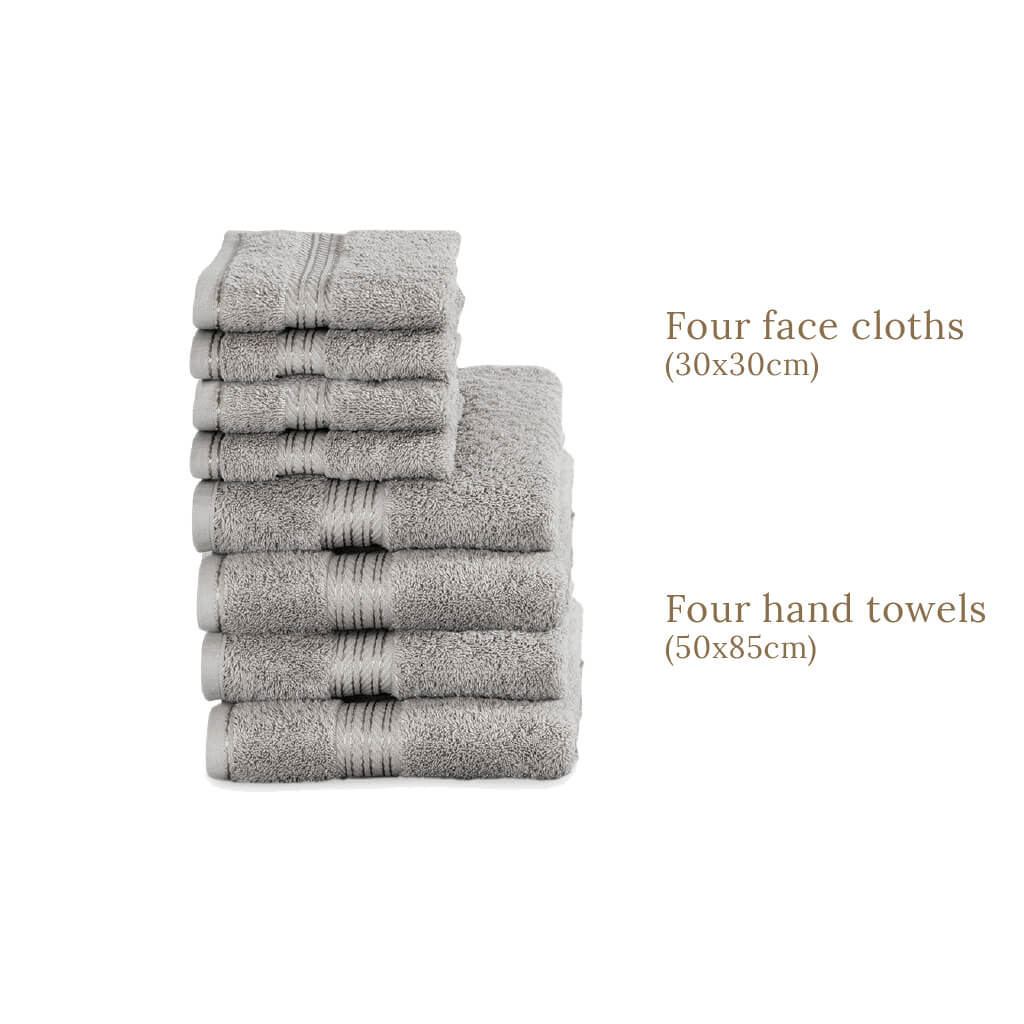 Egyptian Cotton 8 Piece Luxury Hand Towel and Face Towel Set, Subtle Grey