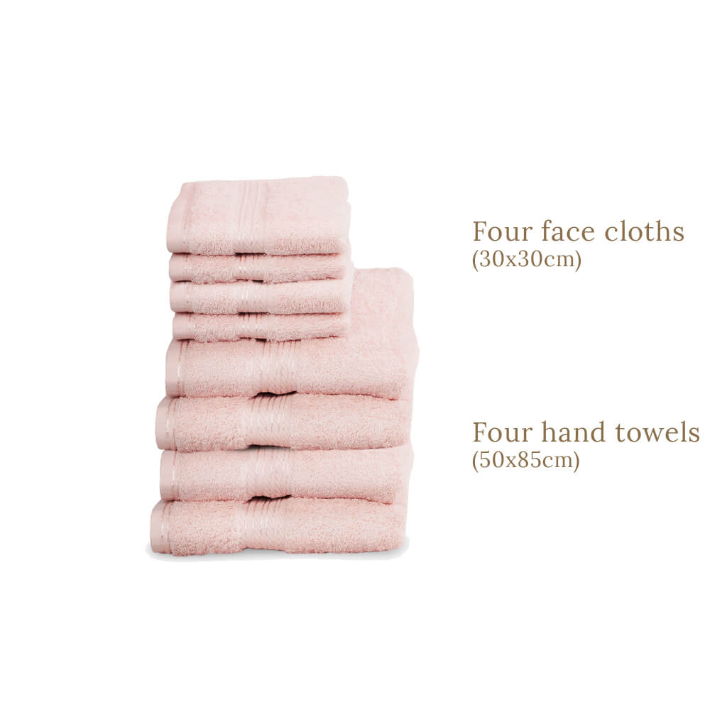 Egyptian Cotton 8 Piece Luxury Hand Towel and Face Towel Set, Pink