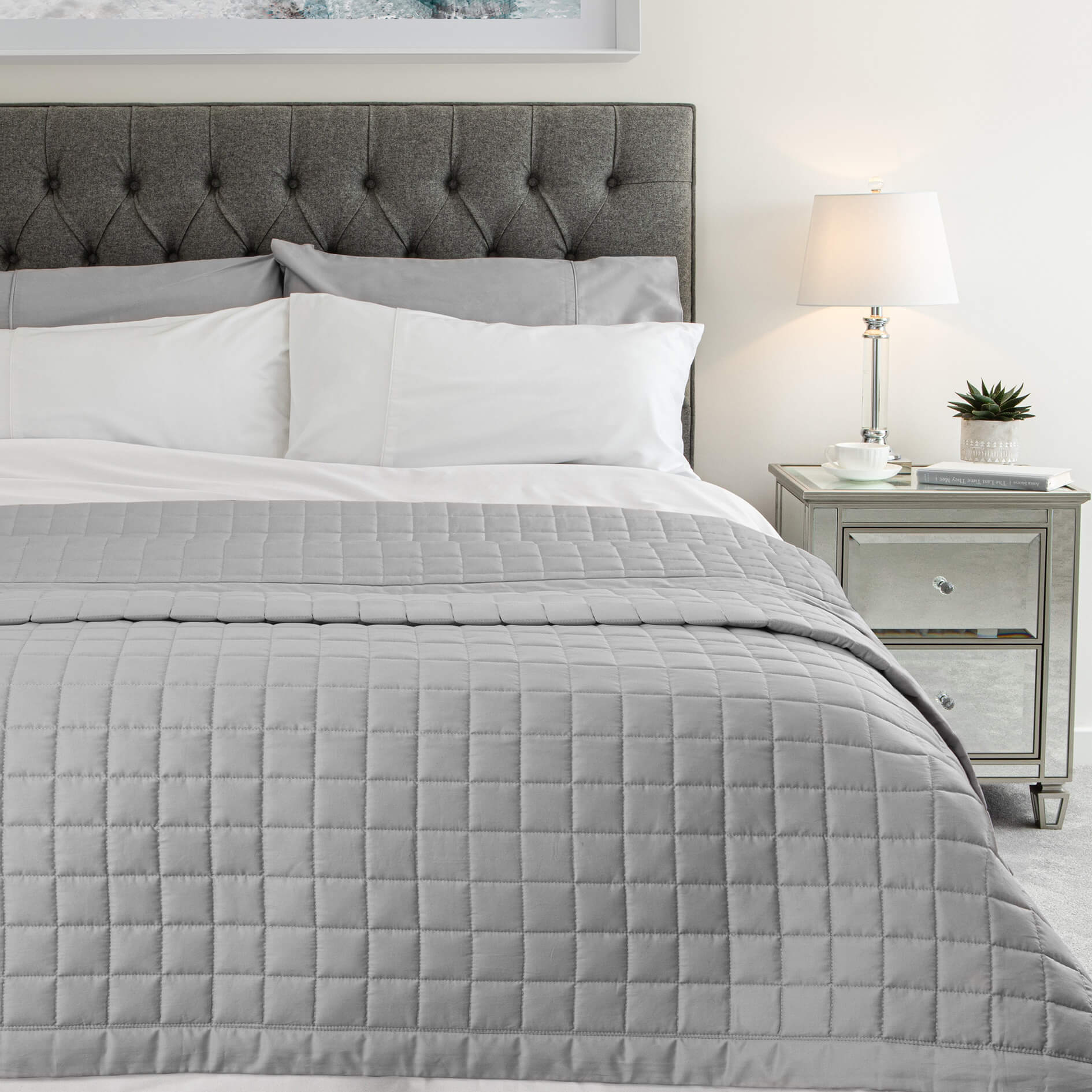 Luxury Reversible Cotton Quilted Bed Throw in Grey & White