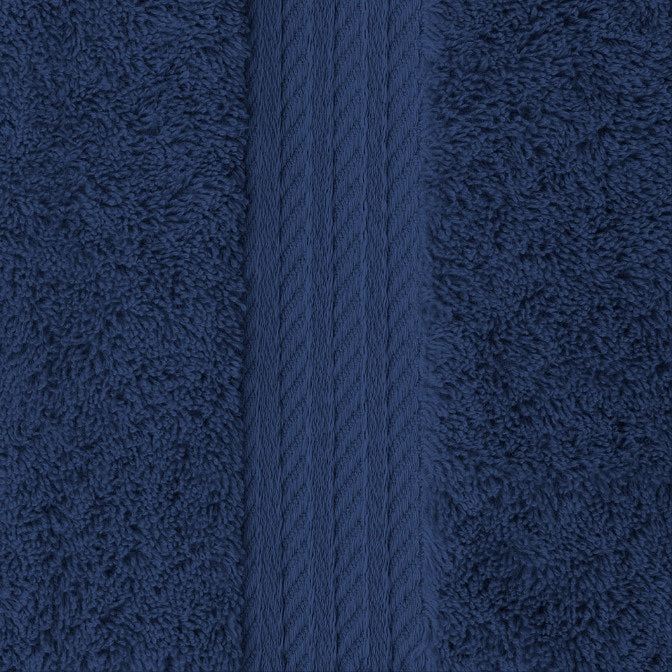 Close-up of the navy Egyptian cotton bath sheet pile and embroidered border