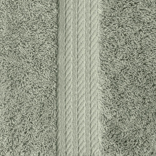 Close-up of the sage green Egyptian cotton bath sheet pile and embroidered border