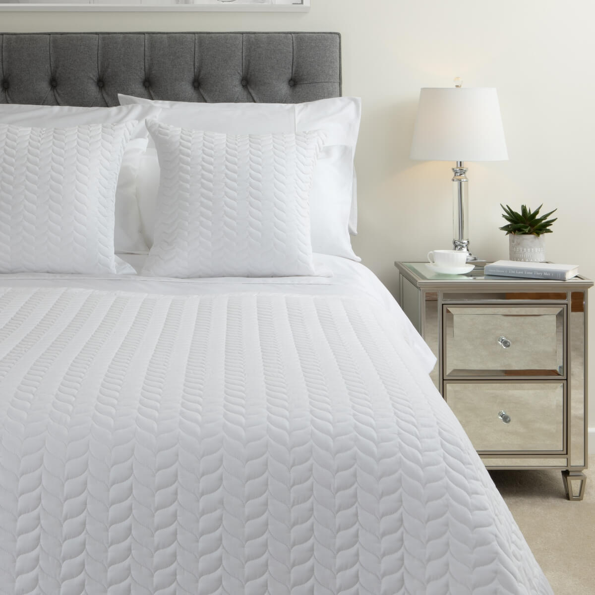 Cotton Quilted Leaf Pattern Throw, Pure White - Hampton & Astley