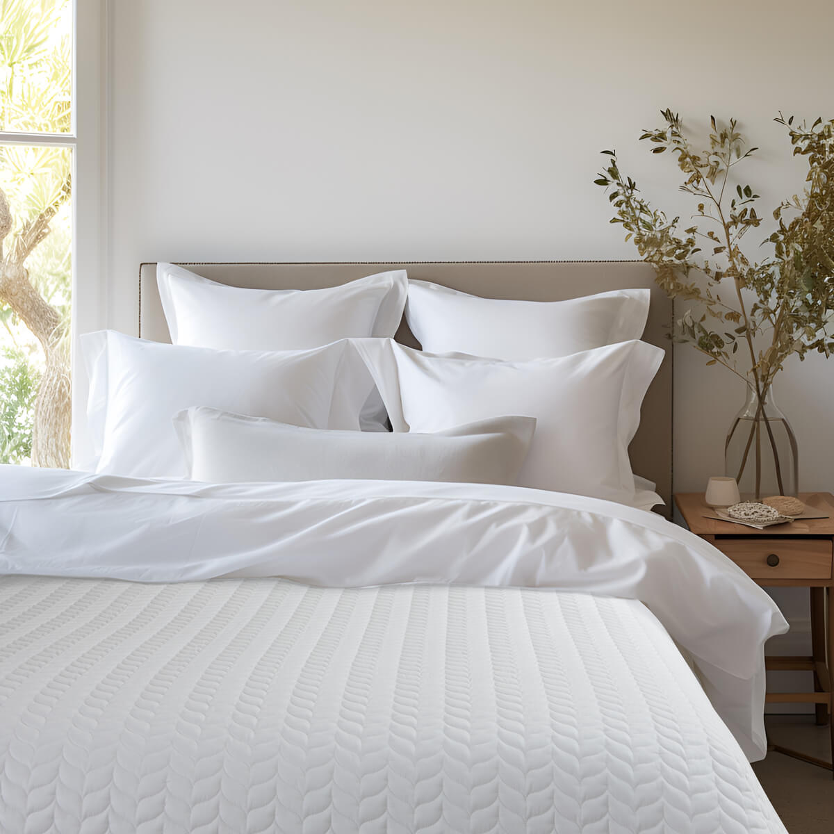 Luxury Cotton Quilted Bed Throw in Pure White with four pillowcases