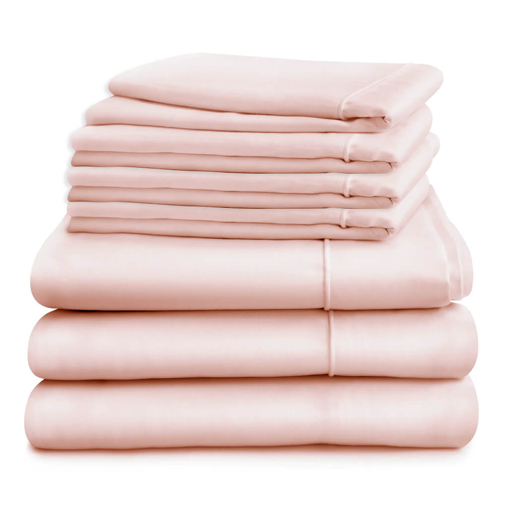 Egyptian Cotton 500 Thread Count Sateen Luxury Duvet Cover and Deep Fitted Sheet Set With Four Standard Pillowcases, Pink - Hampton & Astley