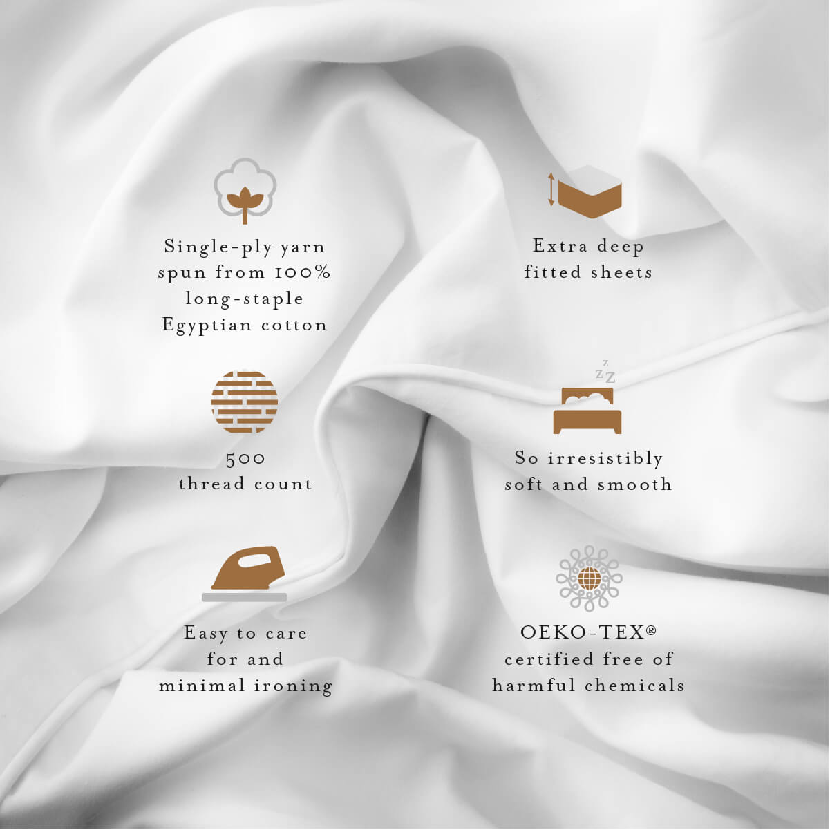 Close-up of Hampton & Astley luxury 500 thread count Egyptian cotton sateen bedding fabric in Pure White