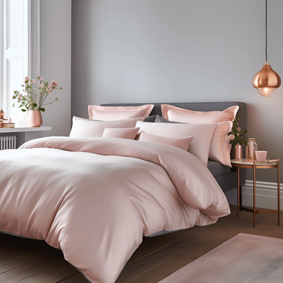 Egyptian Cotton Sateen Luxury Duvet Cover and Flat Sheet Set With Two Pillowcases, Pink - Hampton & Astley