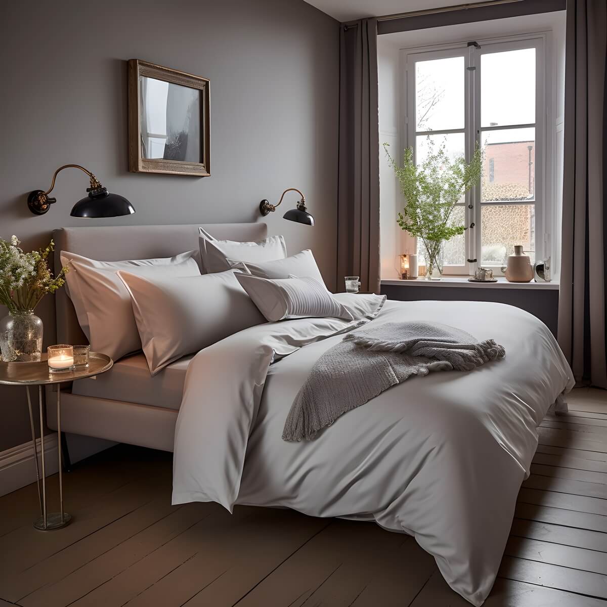Egyptian Cotton Sateen Luxury Duvet Cover and Flat Sheet Set With Two Pillowcases, Subtle Grey - Hampton & Astley