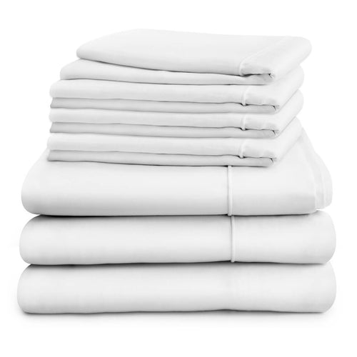 Duvet cover and deep fitted sheet in double, king, super king and emperor sizes with four pillowcases, white