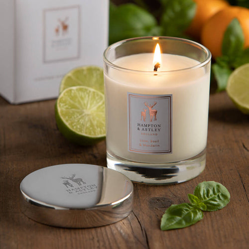 Lime, Basil &amp; Mandarin Luxury Scented Candle with an included silver plated mirrored lid.