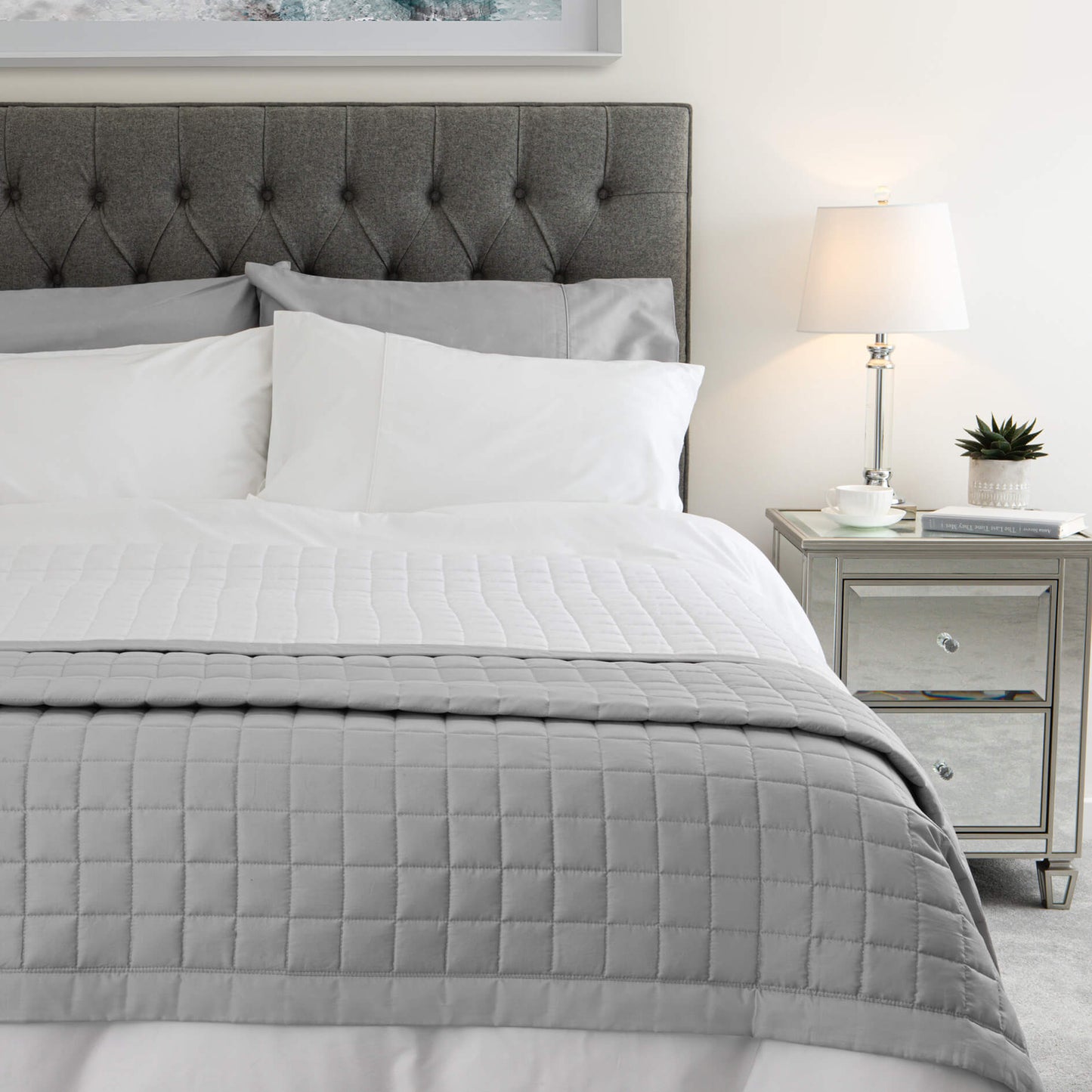 Egyptian cotton sateen reversible quilted throw in subtle grey and white