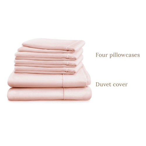 Duvet cover in double, king or super king sizes with four pillowcases, pink