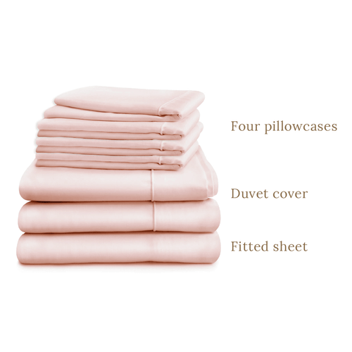 Duvet cover and deep fitted sheet in double, king or super king sizes with four pillowcases, pink