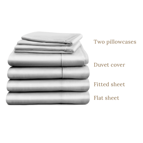 Duvet cover, deep fitted sheet and flat sheet in double, king or super king sizes with two pillowcases, subtle grey