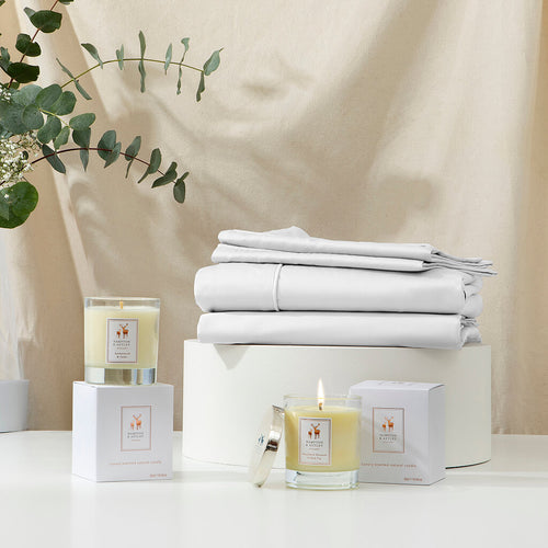 Hampton and Astley’s Bedtime Bundle includes duvet cover, fitted sheet, two pillowcases and two luxury natural scented candles
