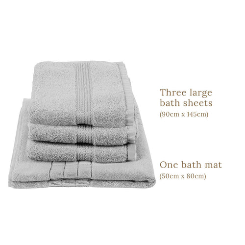Egyptian Cotton Luxury Bath Sheet, Set of Three, 90 x 145cm With Free Bath Mat, Subtle Grey