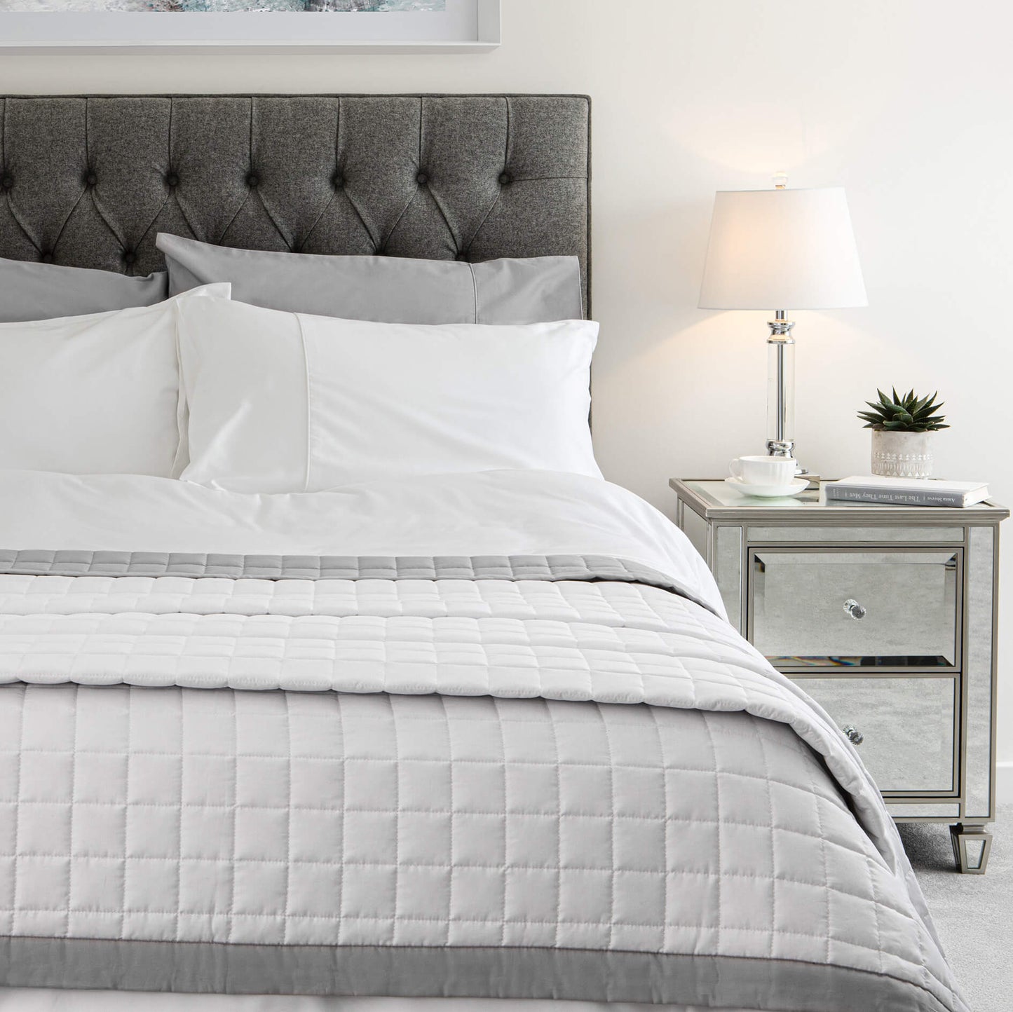 Egyptian cotton sateen reversible quilted throw in subtle grey and white