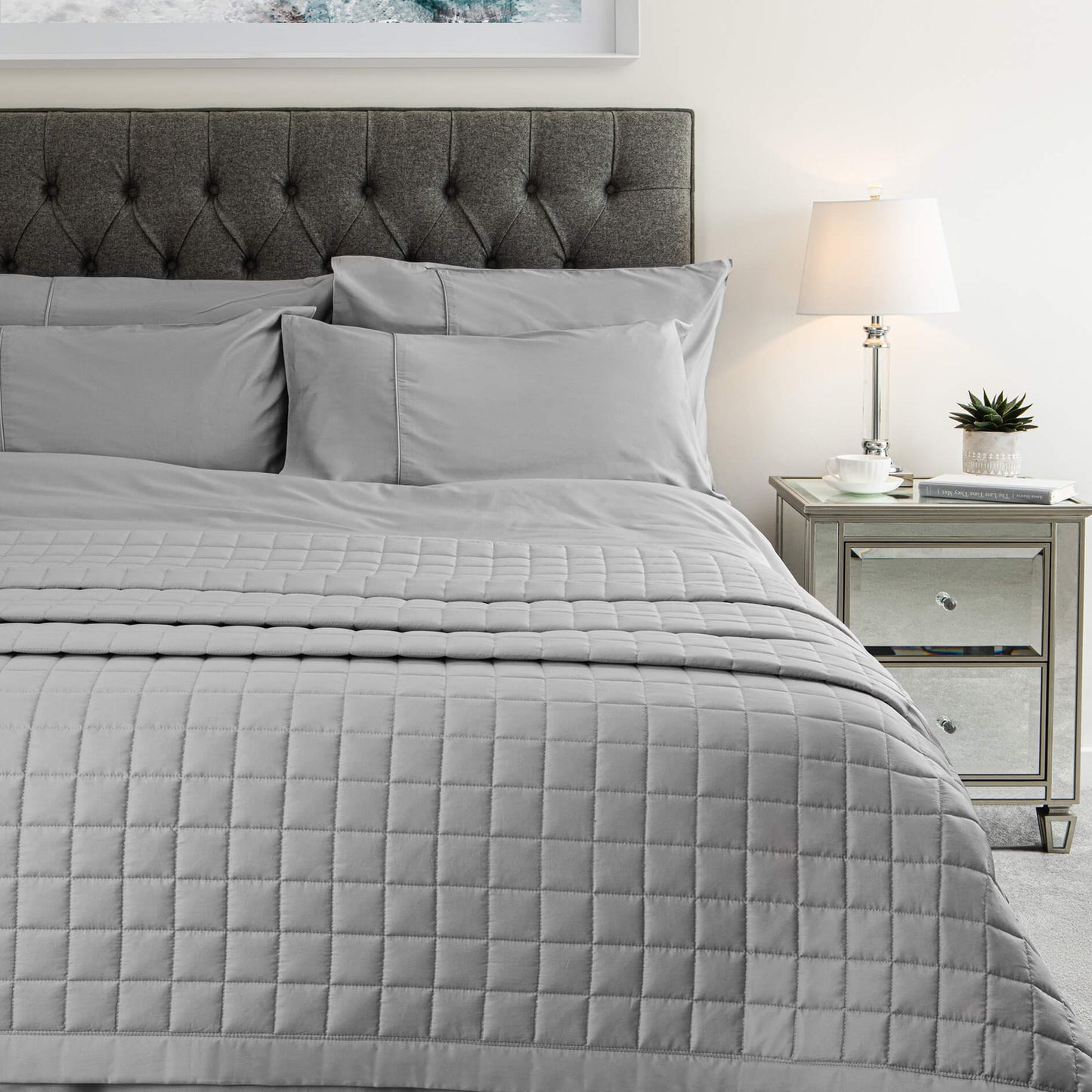 Egyptian cotton sateen reversible quilted throw in subtle grey and white