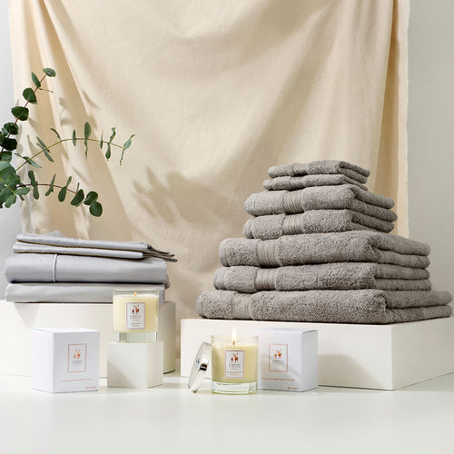 Hampton and Astley’s Blissful Indulgence Bundle includes duvet cover, fitted sheet, two pillowcases, indulgently thick 7 piece Egyptian cotton towel set and two luxury natural scented candles
