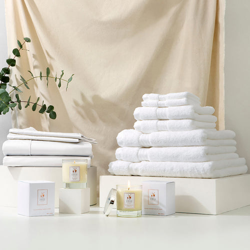 Hampton and Astley’s Blissful Indulgence Bundle includes duvet cover, fitted sheet, two pillowcases, indulgently thick 7 piece Egyptian cotton towel set and two luxury natural scented candles