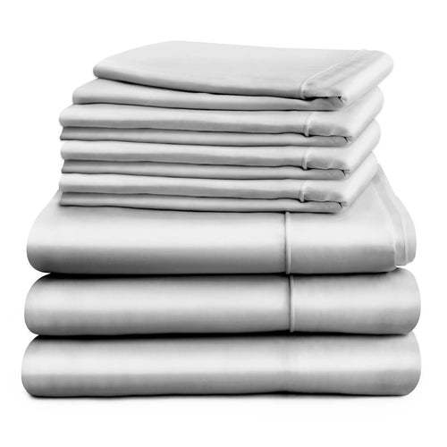 Duvet cover and deep fitted sheet in double, king or super king sizes with four pillowcases, grey