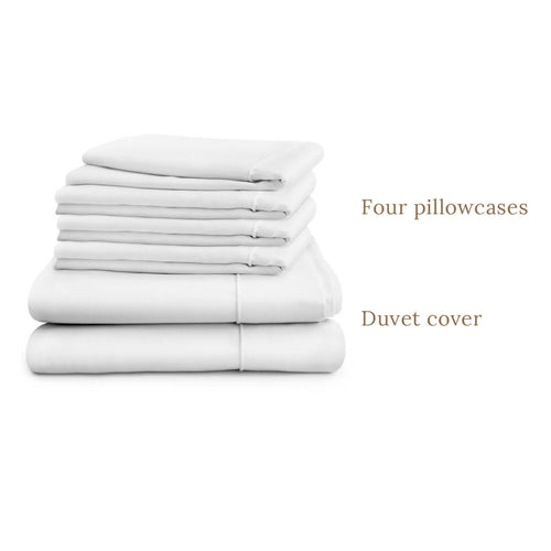 Duvet cover in double, king or super king sizes with four pillowcases, white