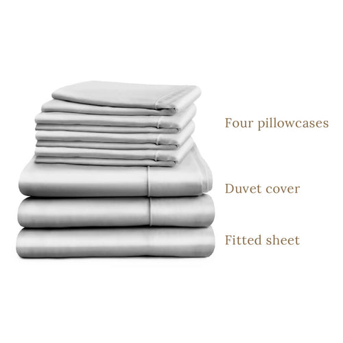 Duvet cover and deep fitted sheet in double, king or super king sizes with four pillowcases, grey