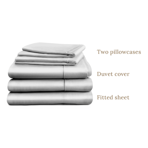 Duvet cover and deep fitted sheet in double, king or super king sizes with two pillowcases, grey