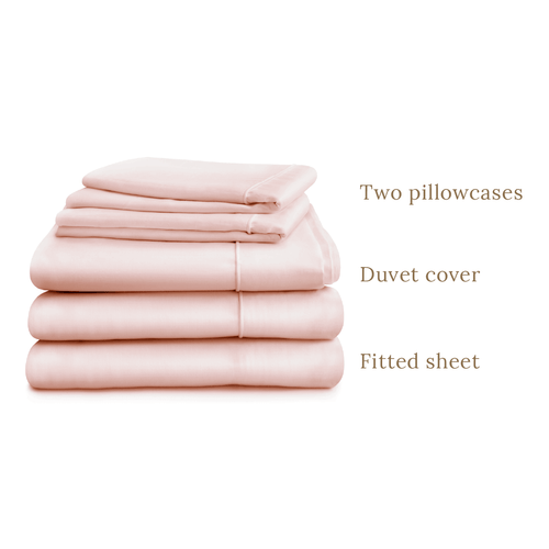 Duvet cover and deep fitted sheet in double, king or super king sizes with two pillowcases, pink